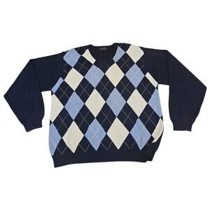 Brooks Brothers Argyle V-Neck Sweater Mens XL 100% Cotton Navy Long Sleeve